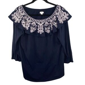 J Jill Embroidered Ruffle Neck Top Womens Sz M Navy Blue 3/4 Sleeve Boho Peasant